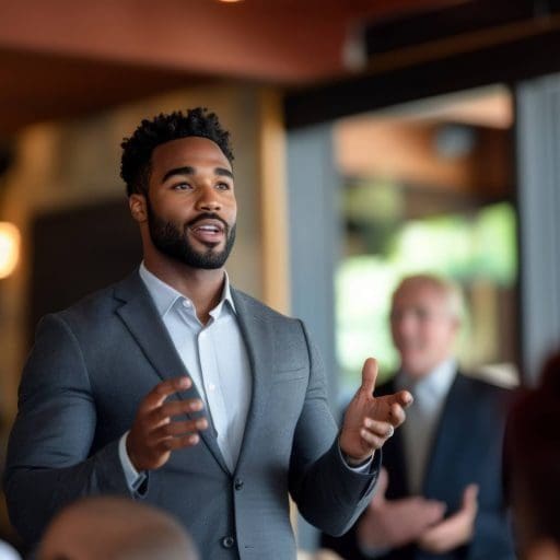 confident young business professional speaking to group in corporate setting